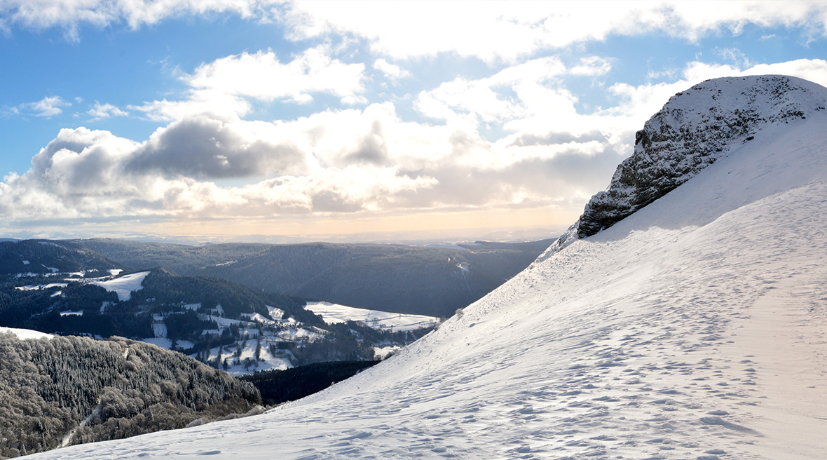 Snowy and icy landscape atop a mountain